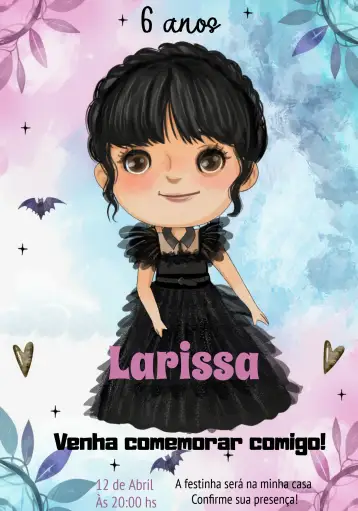 Convite Wandinha Addams Digital para children's birthday party with the addams family theme. – tema most searched for (dark, gothic, fun, modern, themed)