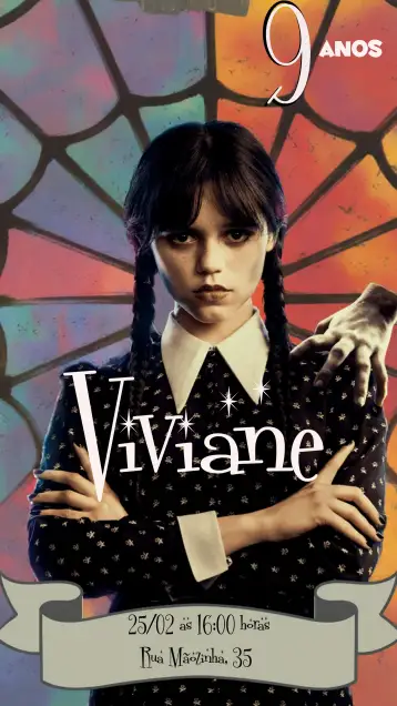 Convite Wandinha Addams Thousands para wandinha addams themed birthday. – tema commemorative dates (gothic, colorful, fun, themed, family-friendly, shaded)