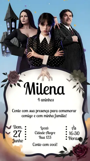 Convite Wednesday Addams Morticia para children's birthday with a wednesday addams theme. – tema kids' birthday party (lilac, pink, gothic, mysterious, fun, themed)