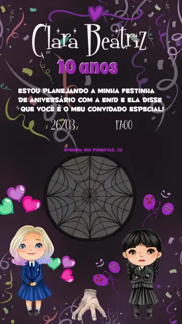 Convite Wandinha Addams The para addams family themed birthday. – tema commemorative dates (black and white, purple, vintage, themed, modern, fun)