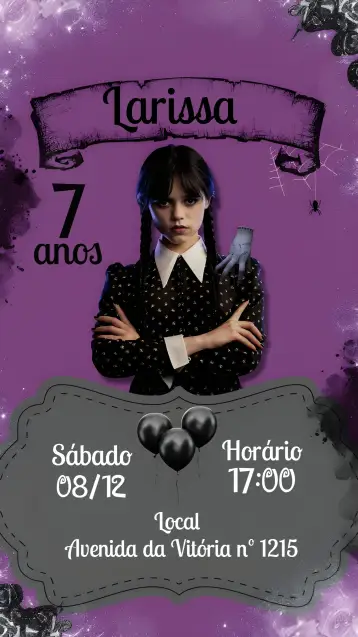 Convite Wandinha Addams Purple para children's birthday or themed party inspired by wandinha addams. – tema most searched for (purple, dark, fun, gothic, character illustrations, themed party)
