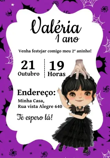 Convite Wandinha Preto para festa temática inspirada na wandinha. – tema mais pesquisados (moderno, místico, temático, roxo, preto)