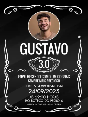 Convite Whisky Jack Daniels Com Foto Branco para aniversário de adultos que apreciam um bom whisky. – tema aniversário (elegante, moderno, minimalista, preto e branco, boteco, sophisticated)