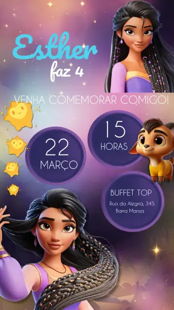 Convite Wish: El Poder De Los Deseos Infantiles para cumpleaños infantil – tema fechas conmemorativas (lila, mágico, infantil, divertido, colorido, fantasía)