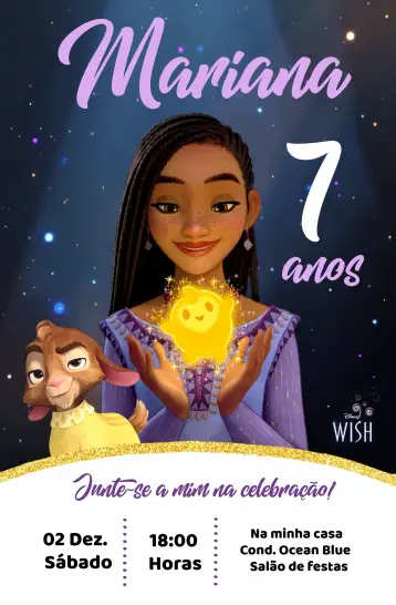 Convite Wish O Poder Dos Desejos Asha Disney para aniversário infantil e festas temáticas inspiradas na disney. – tema datas comemorativas (mágico, colorido, infantil, temático, divertido)