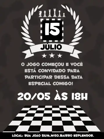 Convite Xadrez Tabuleiro para aniversário com tema de xadrez. – tema mais pesquisados (preto e branco, moderno, minimalista, jogo de tabuleiro, elegante)