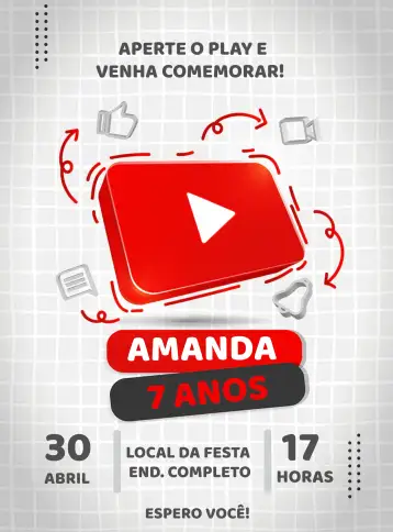 Convite Youtube Video para birthday with a youtube theme. – tema most searched for (modern, colorful, fun, digital, themed)